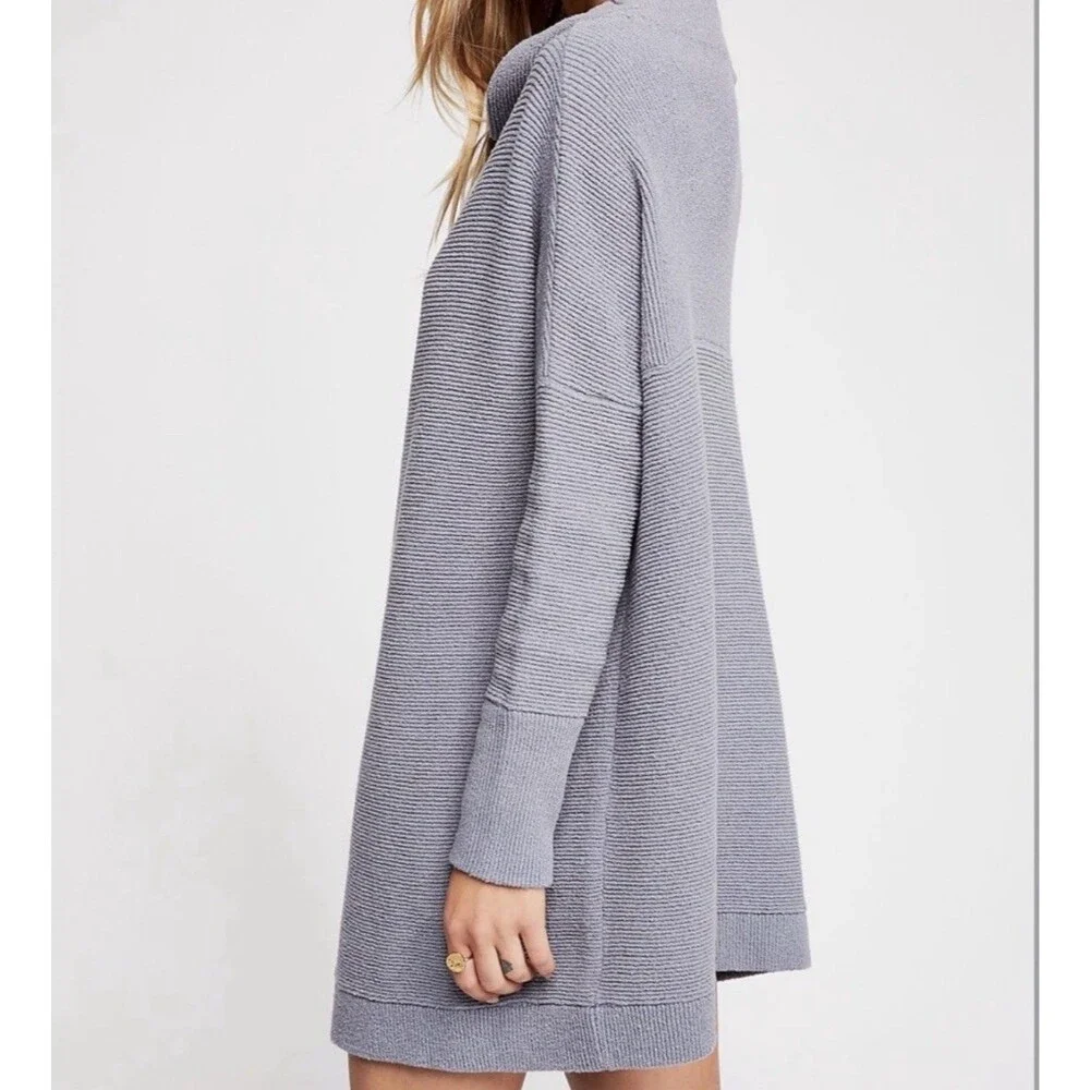 Free People Ottoman Slouchy Ribbed Mock Neck Sweater Tunic Chambray Blue M